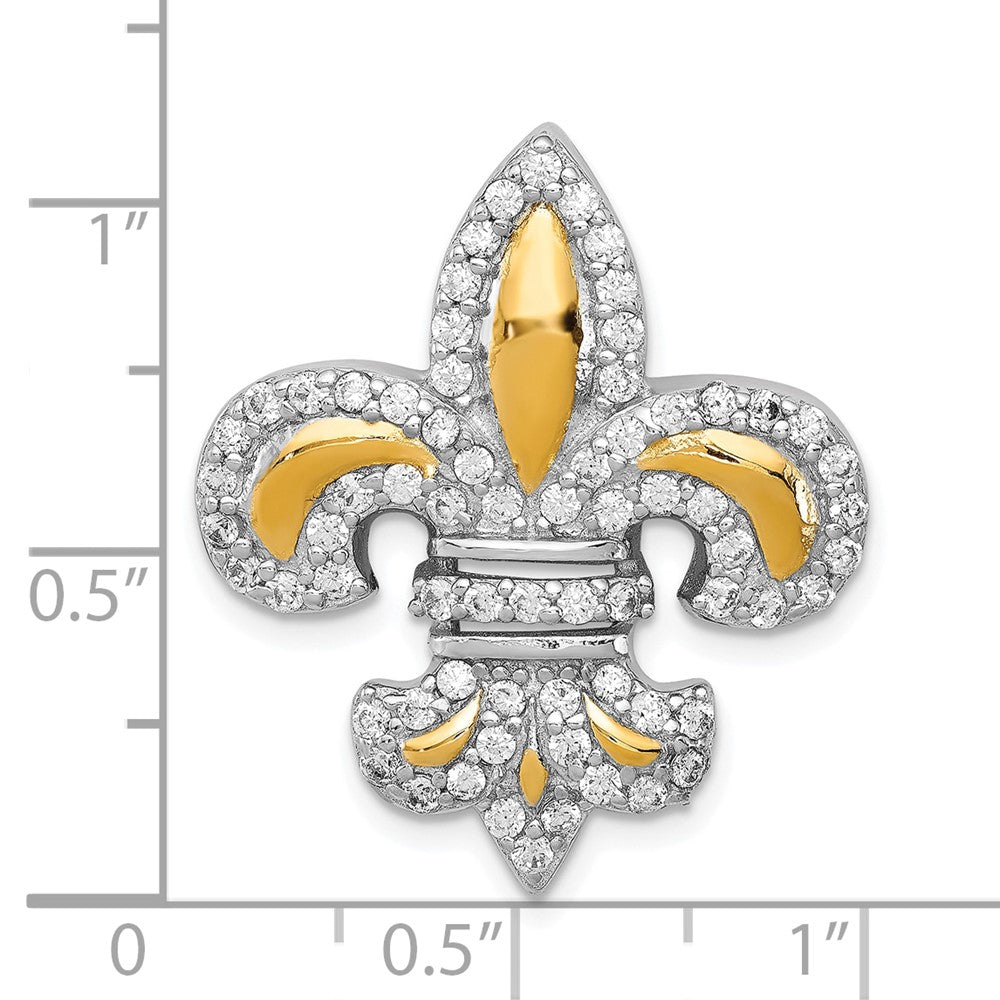 Sterling Silver Cz Fleur De Lis W/ Flash Gold-Plated Chain Slide Pendant