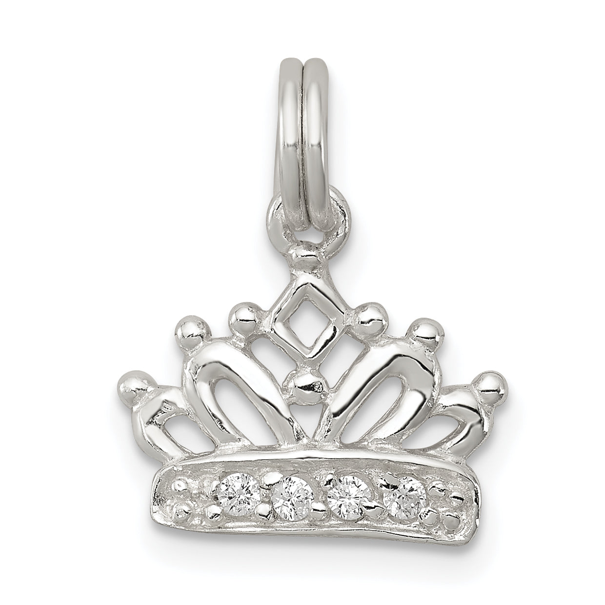 Sterling Silver Rhodium-Plated Cz Polished Crown Charm