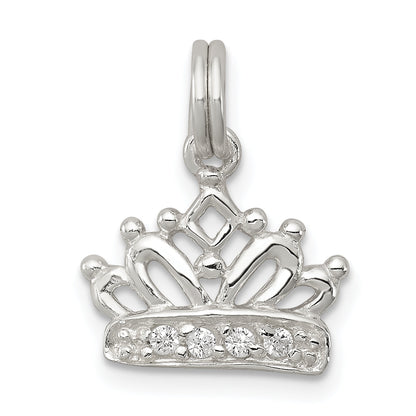 Sterling Silver Rhodium-Plated Cz Polished Crown Charm