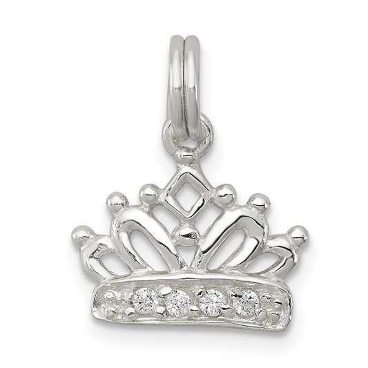 Sterling Silver Rhodium-Plated Cz Polished Crown Charm