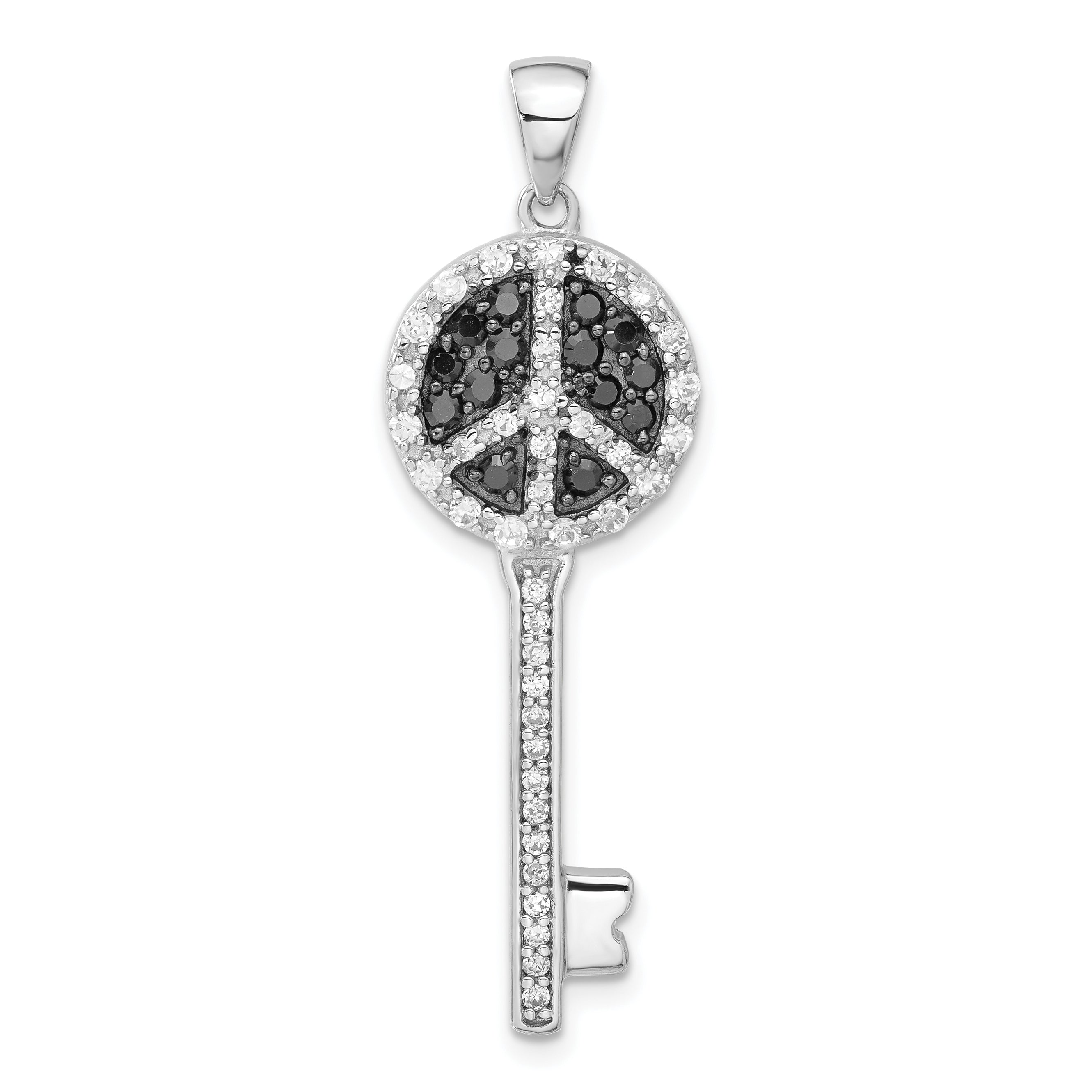 Sterling Silver Black And Clear Cz Peace Sign Key Pendant