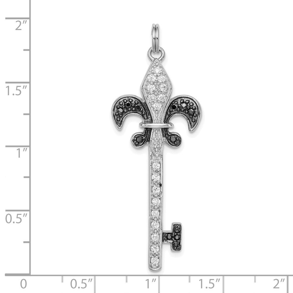 Sterling Silver Rhodium-Plated Black/White Cz Fleur De Lis Key Pendant