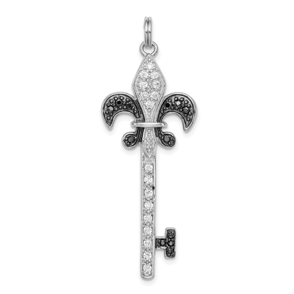 Sterling Silver Rhodium-Plated Black/White Cz Fleur De Lis Key Pendant