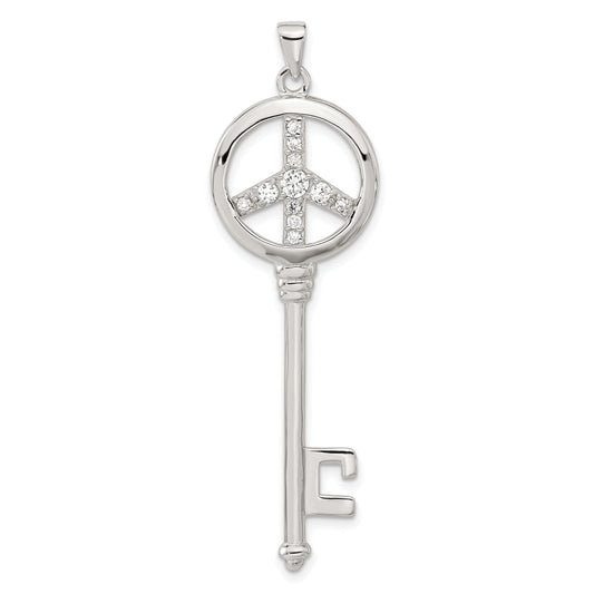 Sterling Silver Cz Large Peace Sign Key Pendant