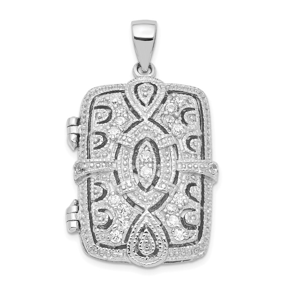 Sterling Silver Rhodium-Plated Fancy Cz Rectangle 24mm Locket Pendant