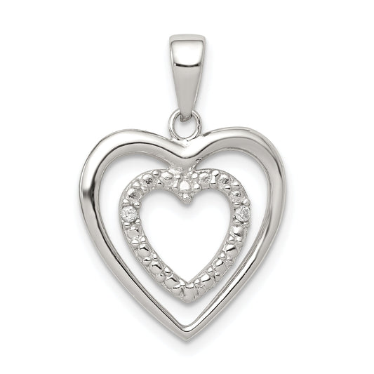 Sterling Silver Rhodium Plated Polished And Cz Double Heart Pendant