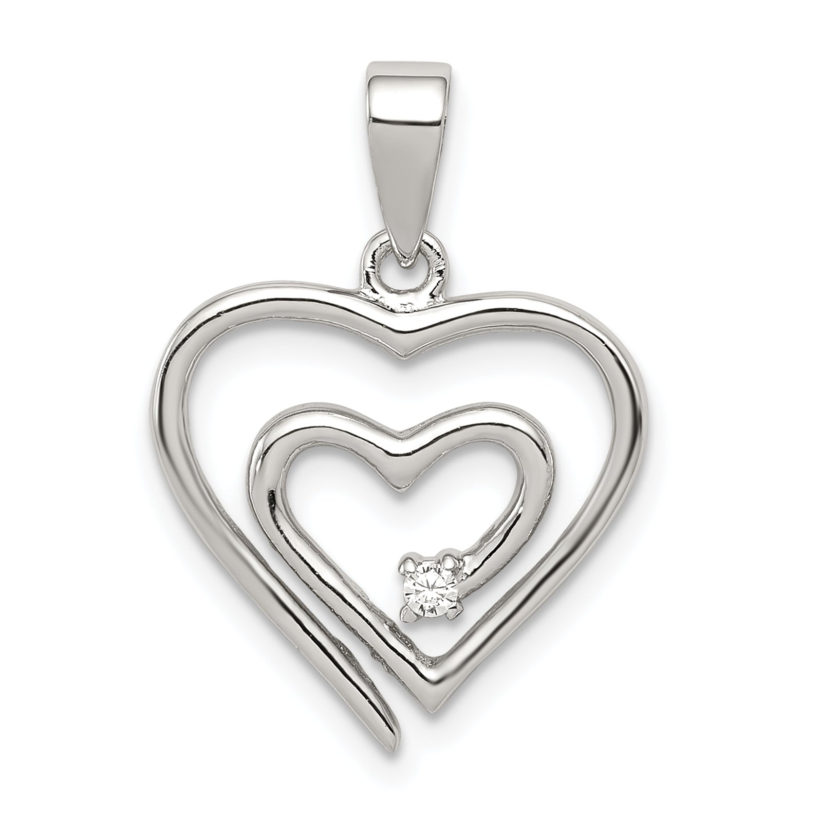 Sterling Silver Rhodium-Plated Single Cz Fancy Heart Pendant