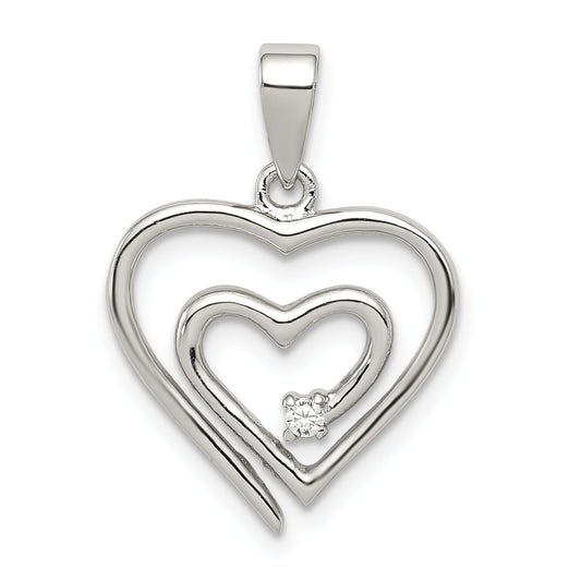 Sterling Silver Rhodium-Plated Single Cz Fancy Heart Pendant