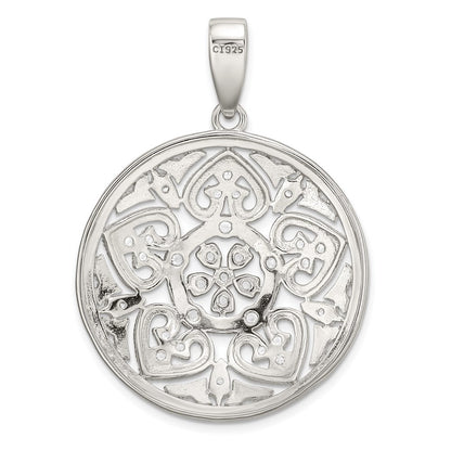 Sterling Silver Rhodium-Plated Pave Cz Floral Design Circle Pendant