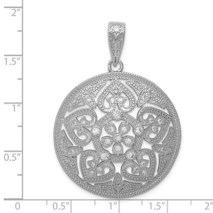 Sterling Silver Rhodium-Plated Pave Cz Floral Design Circle Pendant