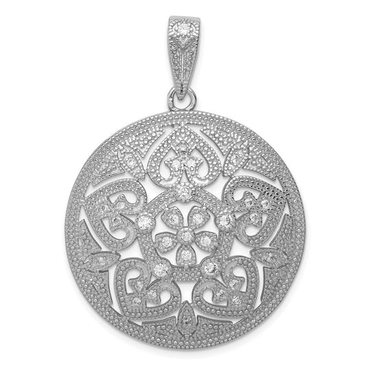 Sterling Silver Rhodium-Plated Pave Cz Floral Design Circle Pendant