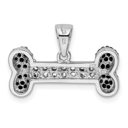 Sterling Silver Rhodium-Plated Black & Clear Cz Dog Bone Pendant