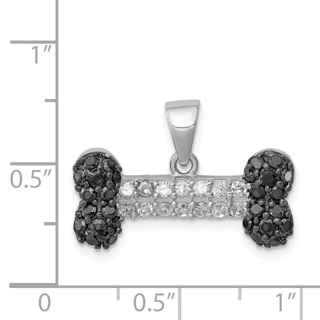 Sterling Silver Rhodium-Plated Black & Clear Cz Dog Bone Pendant