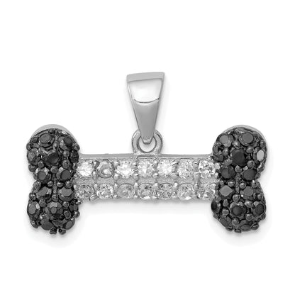 Sterling Silver Rhodium-Plated Black & Clear Cz Dog Bone Pendant
