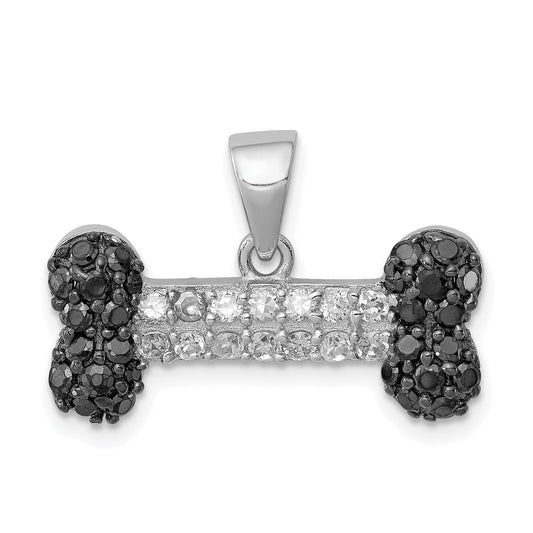 Sterling Silver Rhodium-Plated Black & Clear Cz Dog Bone Pendant