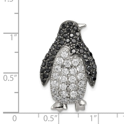Sterling Silver Rhodium-Plated Black & White Cz Penguin Chain Slide