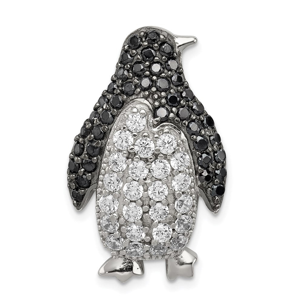 Sterling Silver Rhodium-Plated Black & White Cz Penguin Chain Slide