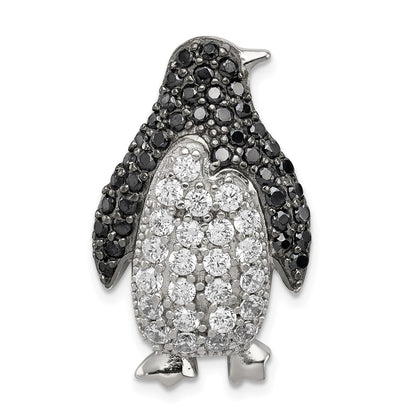 Sterling Silver Rhodium-Plated Black & White Cz Penguin Chain Slide