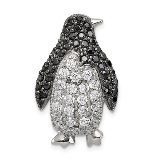 Sterling Silver Rhodium-Plated Black & White Cz Penguin Chain Slide