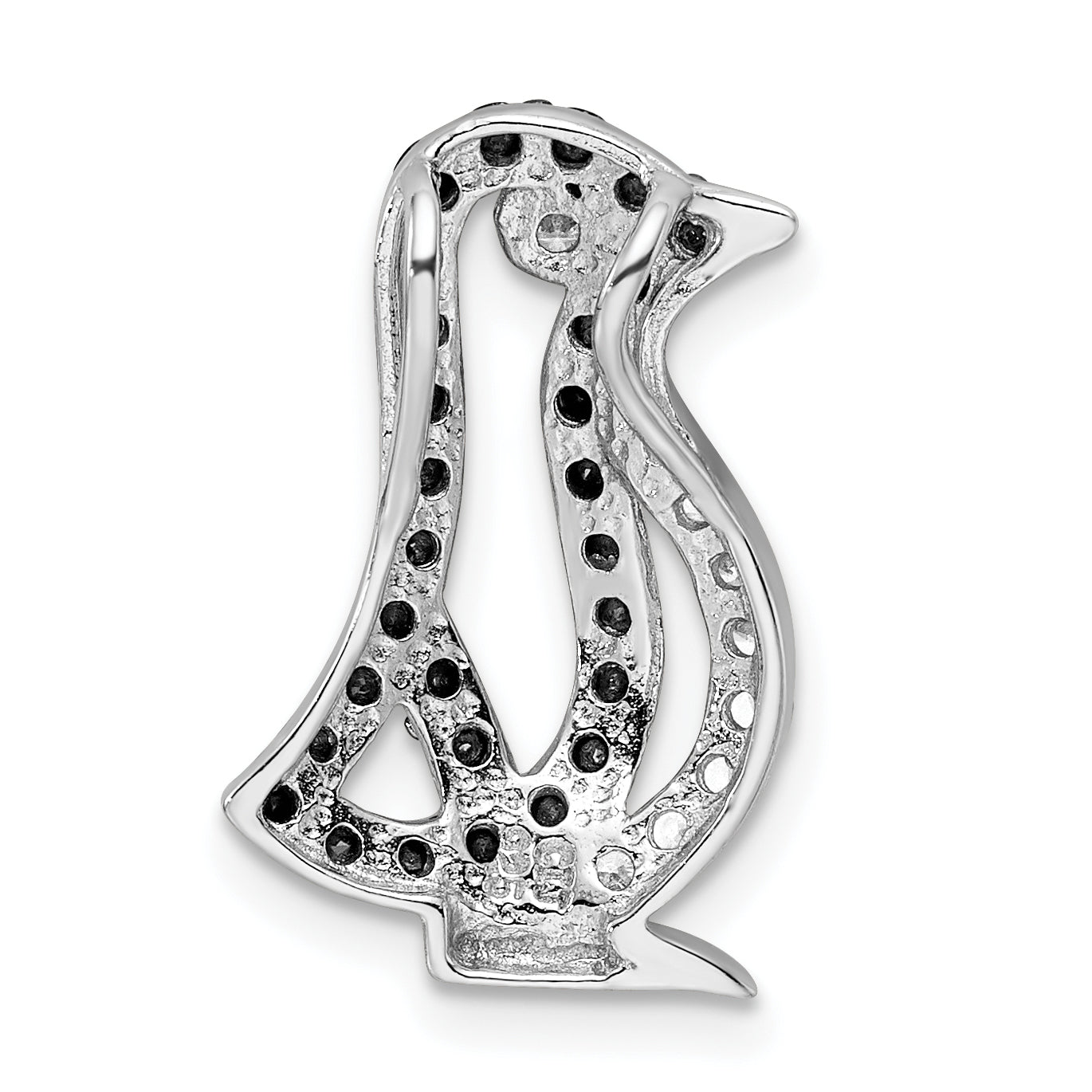 Sterling Silver Rhodium-Plated Black And White Cz Penguin Chain Slide