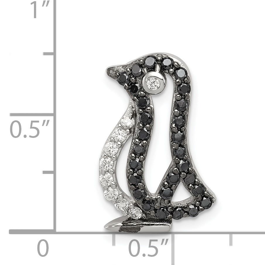 Sterling Silver Rhodium-Plated Black And White Cz Penguin Chain Slide