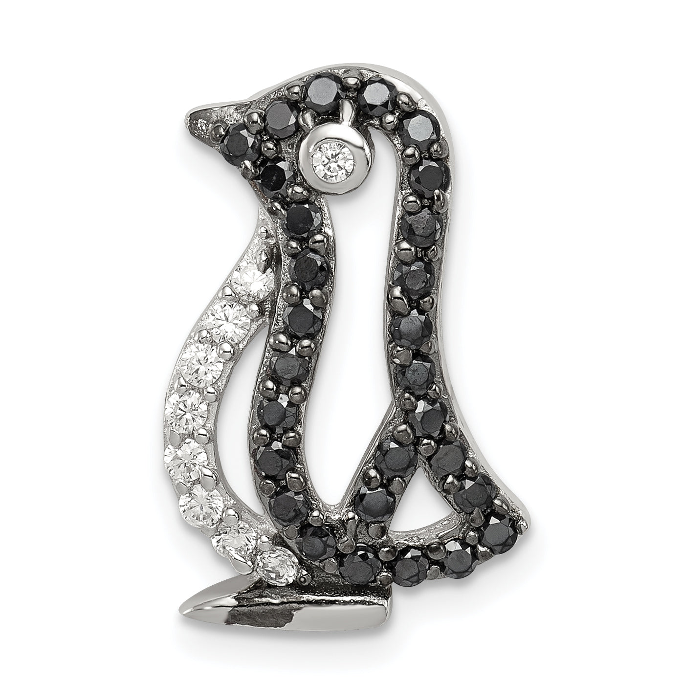 Sterling Silver Rhodium-Plated Black And White Cz Penguin Chain Slide