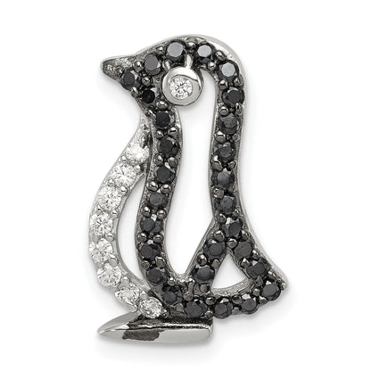 Sterling Silver Rhodium-Plated Black And White Cz Penguin Chain Slide