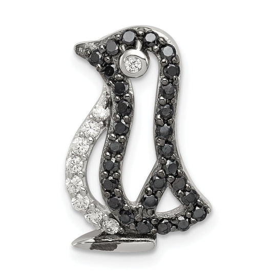Sterling Silver Rhodium-Plated Black And White Cz Penguin Chain Slide