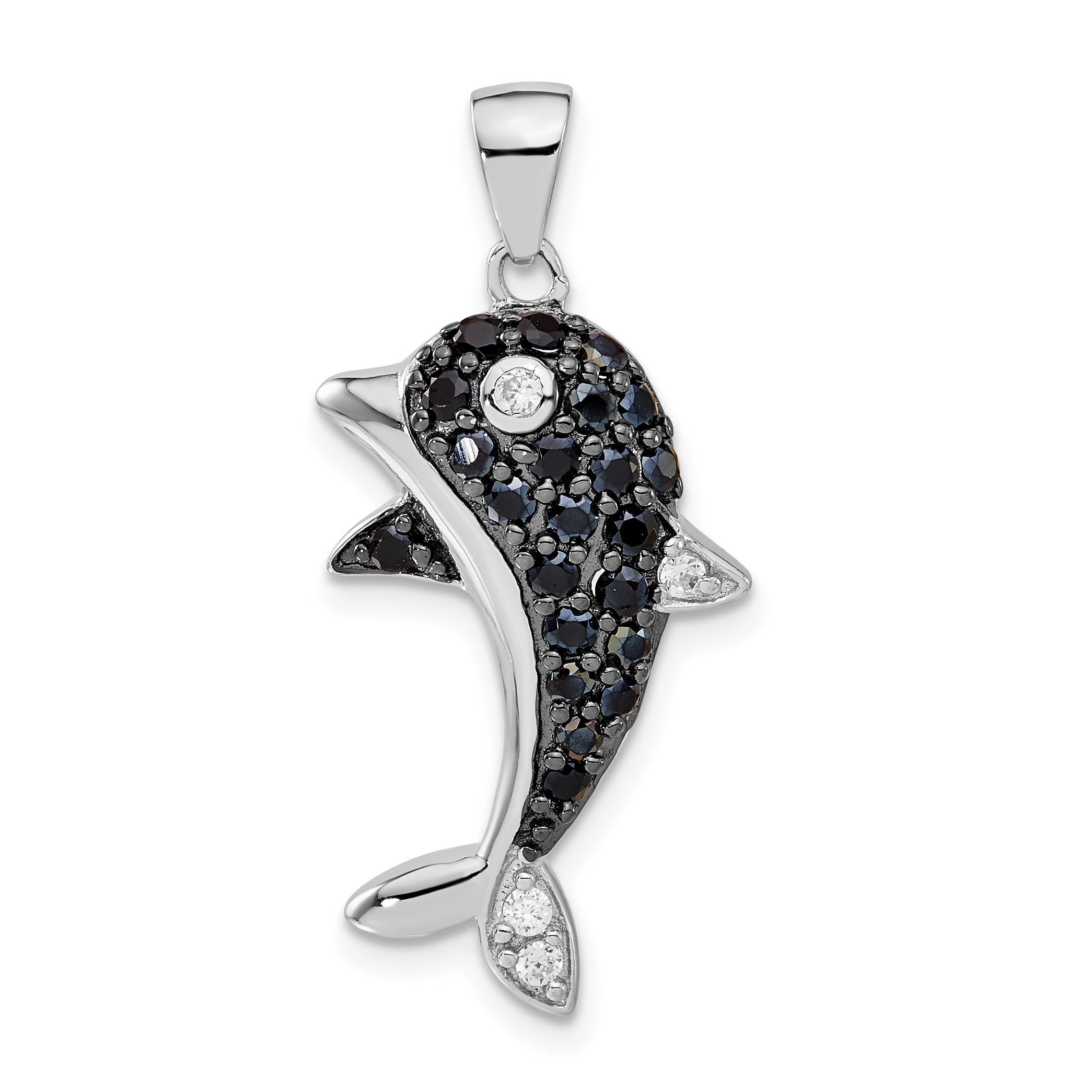 Sterling Silver Black & White Cz Dolphin Pendant