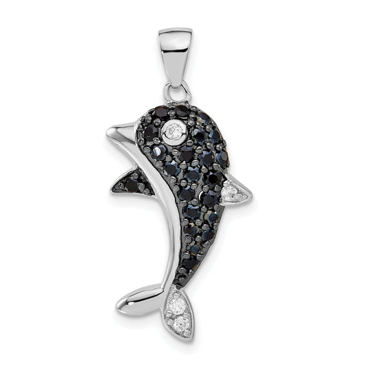 Sterling Silver Black & White Cz Dolphin Pendant