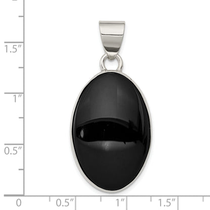 Sterling Silver Rhodium-Plated Onyx Polished Oval Pendant