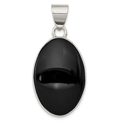 Sterling Silver Rhodium-Plated Onyx Polished Oval Pendant