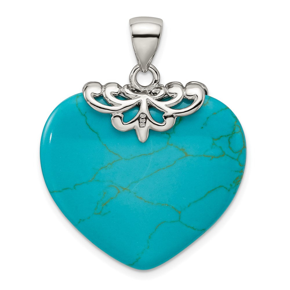 Sterling Silver Rhodium-Plated Turquoise Heart Stone Pendant