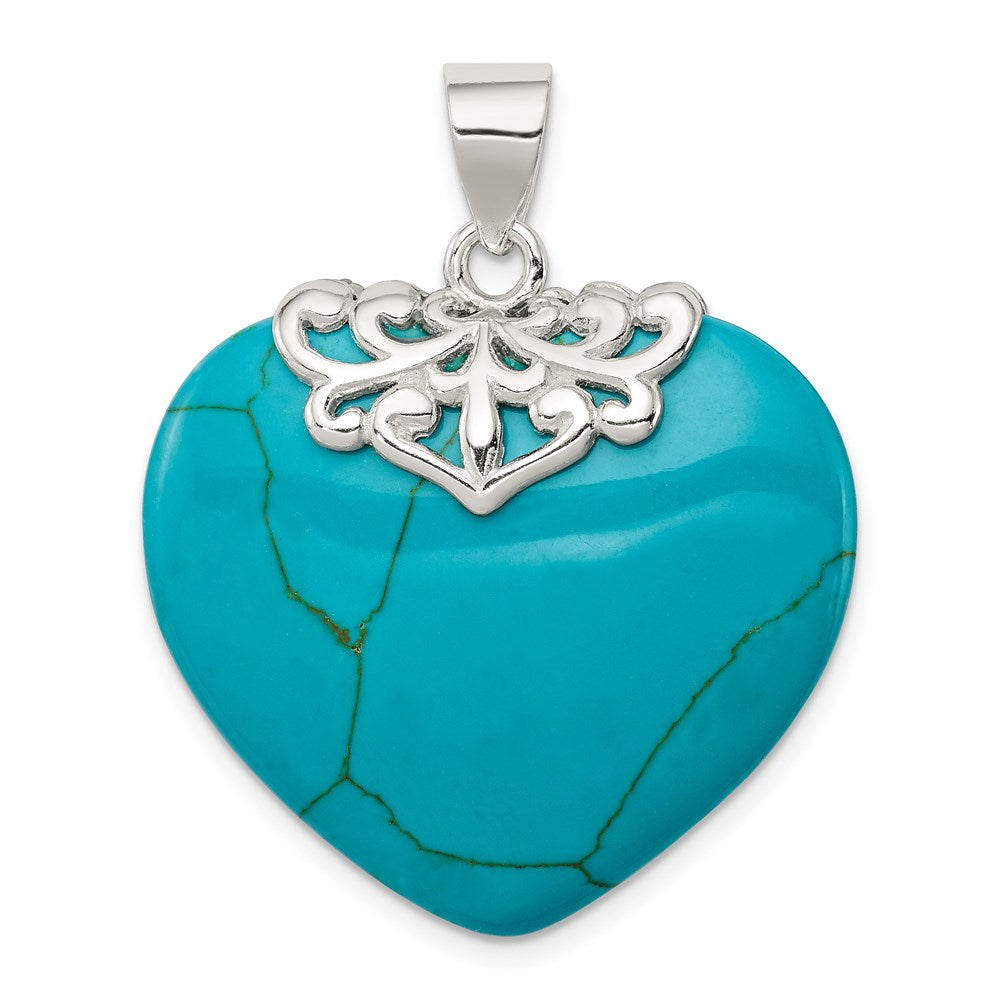 Sterling Silver Rhodium-Plated Turquoise Heart Stone Pendant