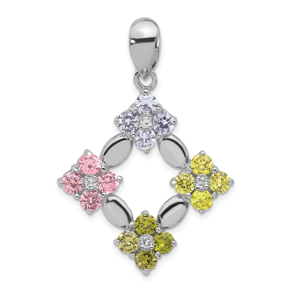 Sterling Silver Polished Multi-Color Cz Flower Pendant