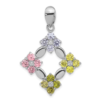 Sterling Silver Polished Multi-Color Cz Flower Pendant