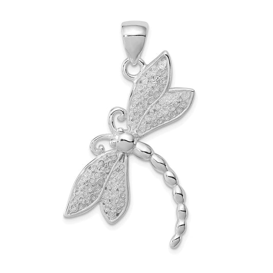 Sterling Silver Rhodium-Plated Polished And Textured Dragonfly Pendant