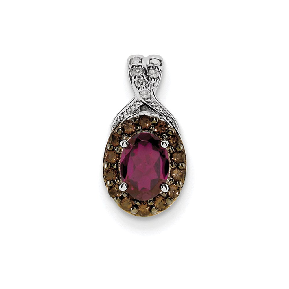 Sterling Silver Rhodium Rhodolite Garnet & Smoky Qrtz & Diamond Pendant