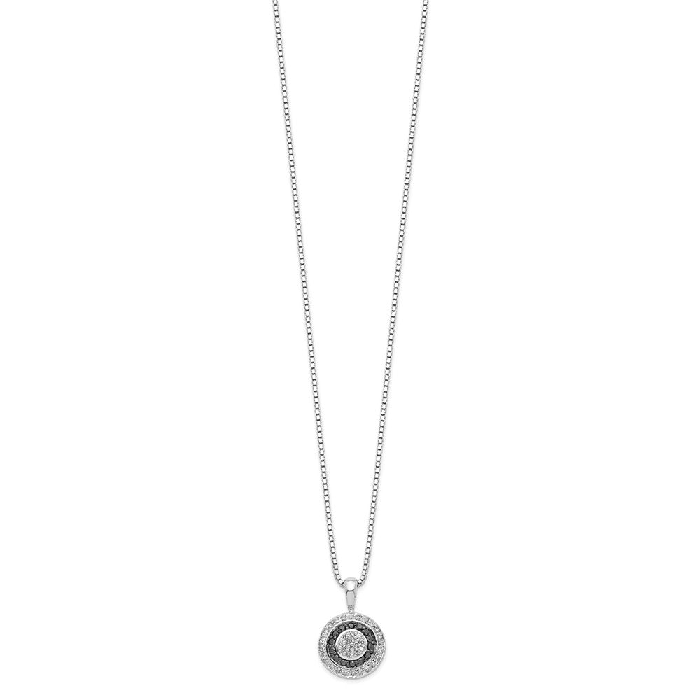 Sterling Silver White Night Rhodium-Plated Black And Diamond Circle Pendant 18 Inch Necklace With 2 Extender