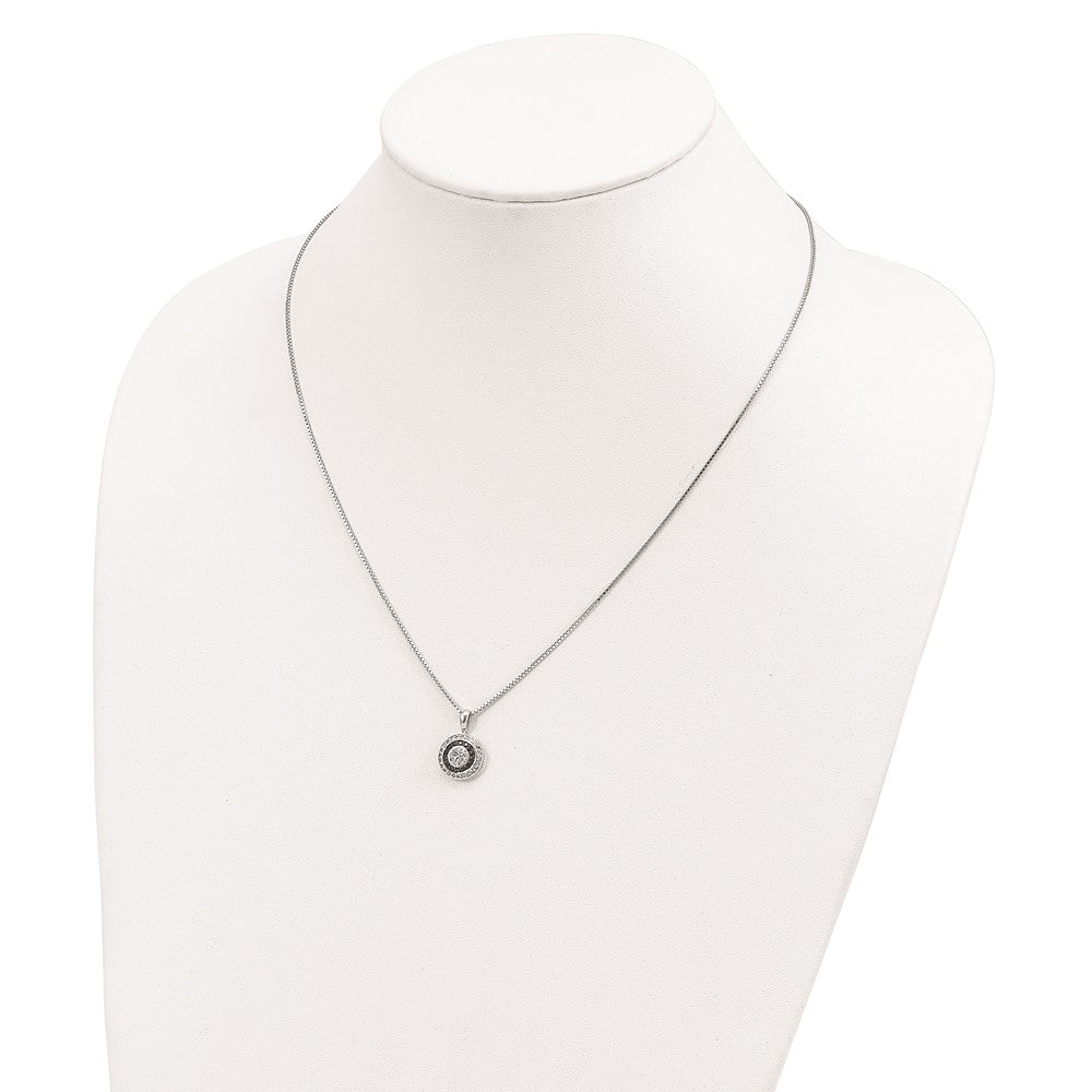 Sterling Silver White Night Rhodium-Plated Black And Diamond Circle Pendant 18 Inch Necklace With 2 Extender