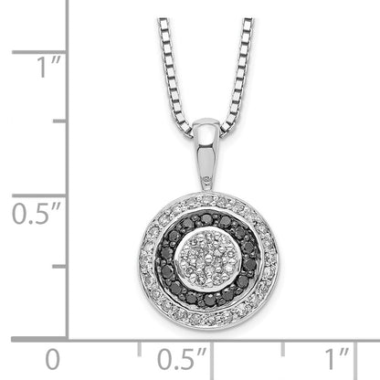 Sterling Silver White Night Rhodium-Plated Black And Diamond Circle Pendant 18 Inch Necklace With 2 Extender