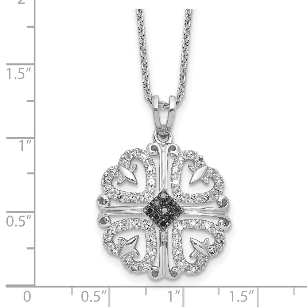 Sterling Silver White Night Rhodium-Plated Black And Diamond 4 Heart Pendant 18 Inch Necklace With 2 Extender