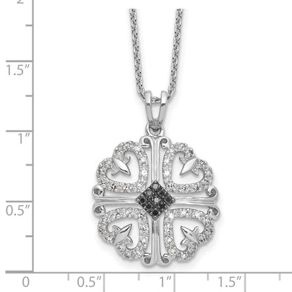 Sterling Silver White Night Rhodium-Plated Black And Diamond 4 Heart Pendant 18 Inch Necklace With 2 Extender