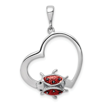 Sterling Silver Rhodium-Plated Heart With Enameled Ladybug Pendant