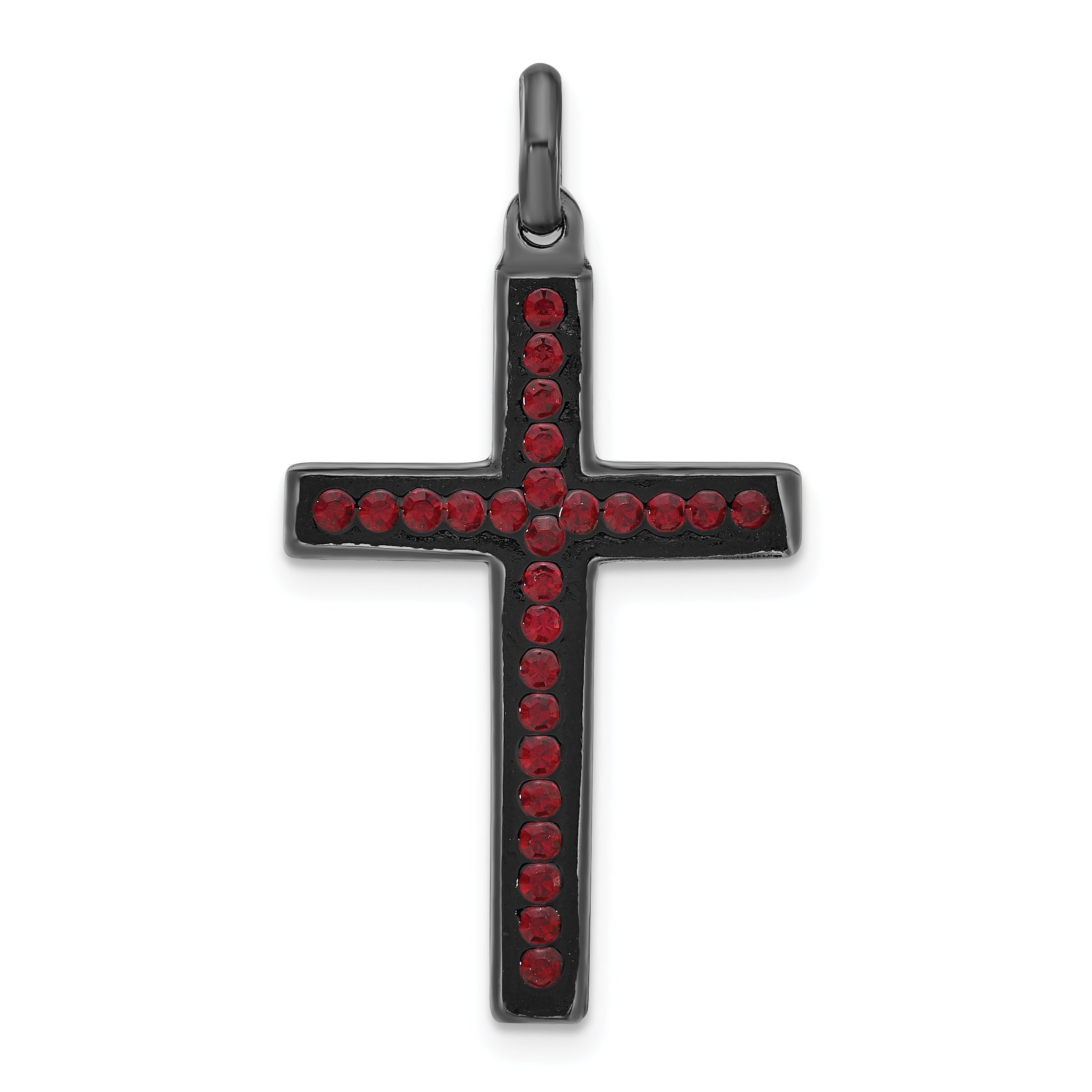 Sterling Silver Black Ceramic Red Swarovski Crystal Cross Pendant