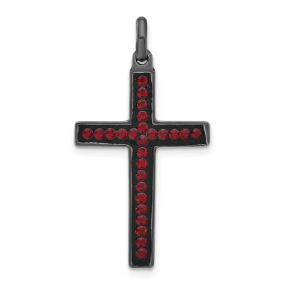 Sterling Silver Black Ceramic Red Swarovski Crystal Cross Pendant