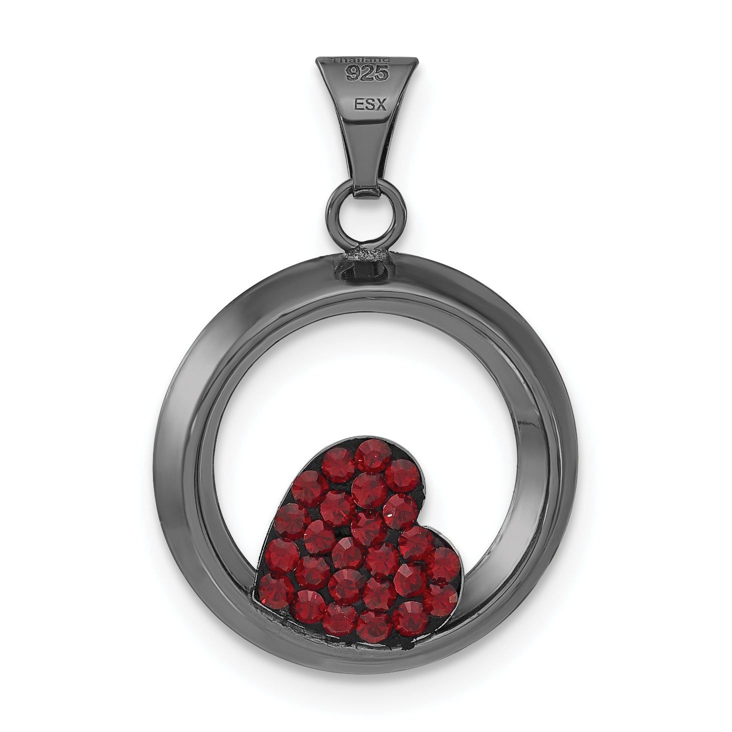 Sterling Silver Black Ceramic Red Swarovski Crystal Heart Circle Pendant