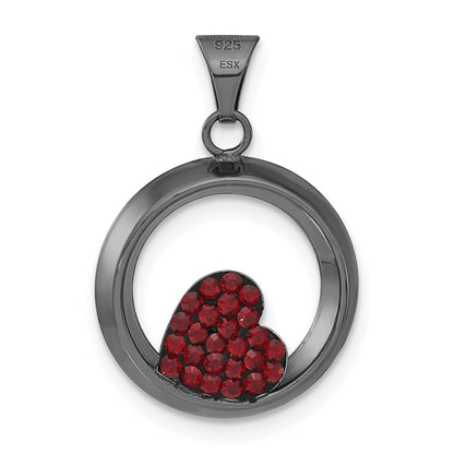 Sterling Silver Black Ceramic Red Swarovski Crystal Heart Circle Pendant