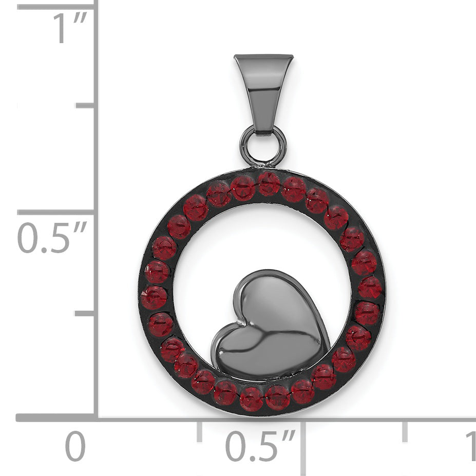 Sterling Silver Black Ceramic Red Swarovski Crystal Heart Circle Pendant