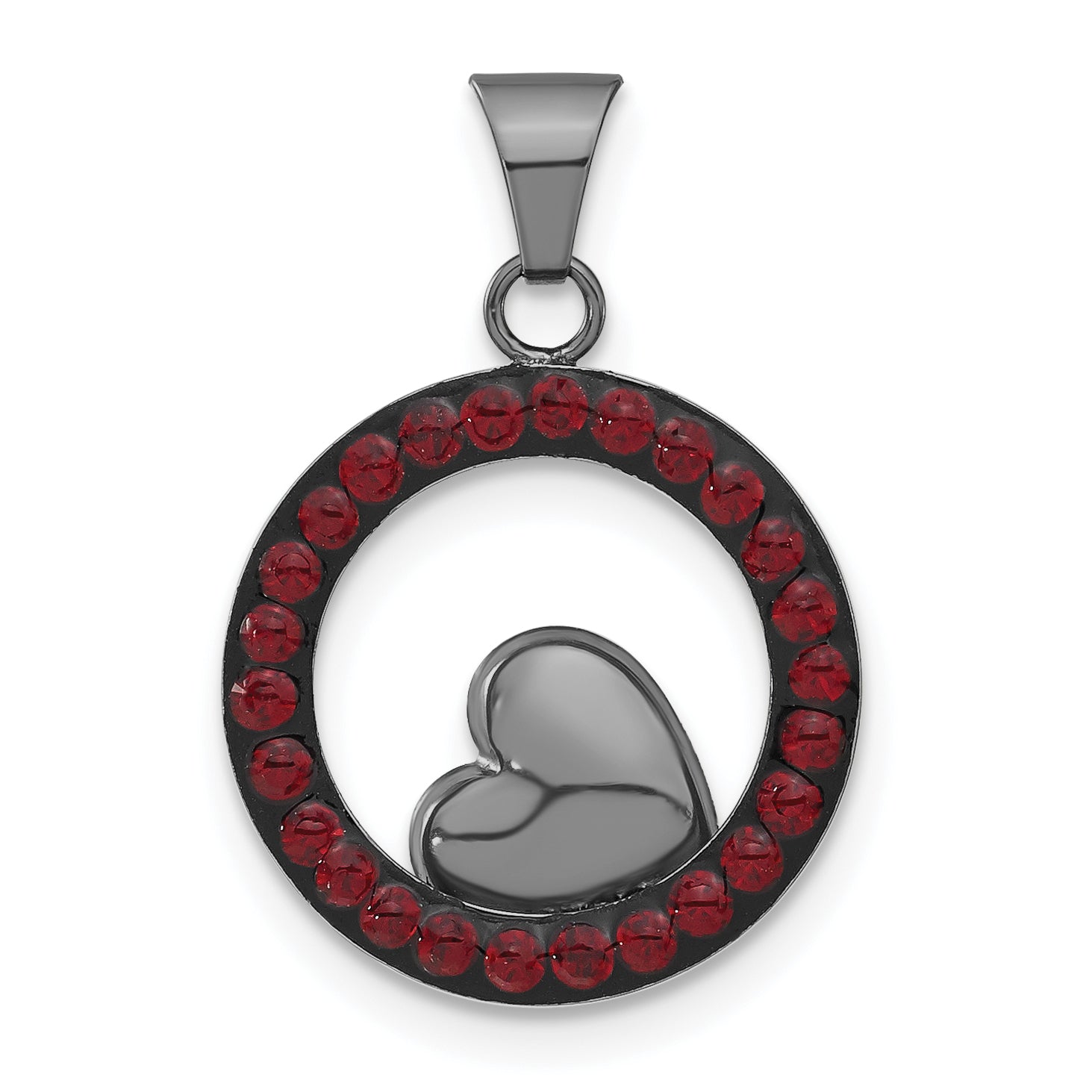 Sterling Silver Black Ceramic Red Swarovski Crystal Heart Circle Pendant